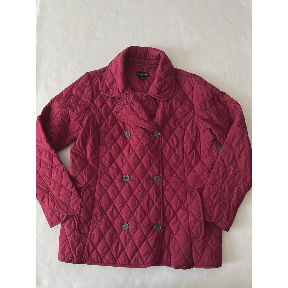Lands' End Jacket Women 14/16 Red Quilted Double Breasted Lightweight Peacoat